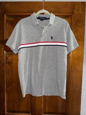 U.S. Polo Assn. Light Gray Polo with Red, White & Navy Chest Stripe Medium